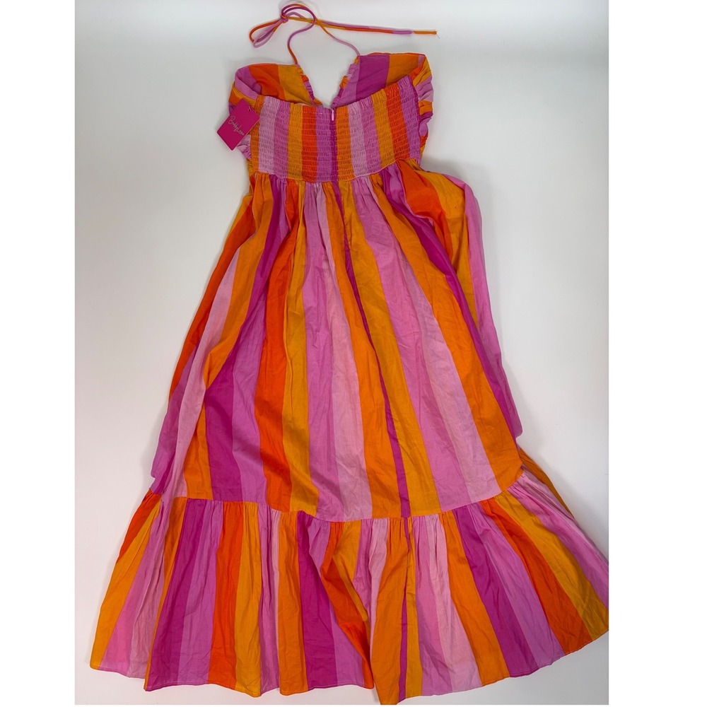 BuddyLove Gerty Maxi Dress NWT M Pink Orange Stripe Halter Smocked Cotton Resort - Picture 3 of 10